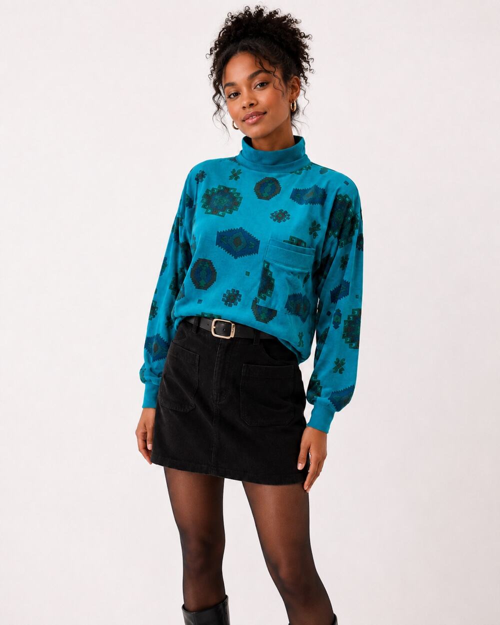 80s Teal Aztec Print Mock Neck Sweatshirt Soft Oversized Cotton Blend Top S